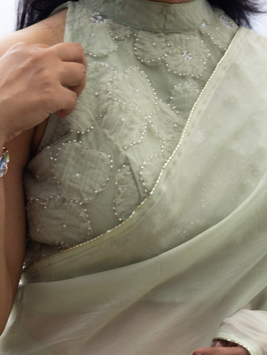 Whispered Grace – Mint Green Pure Organza Silk Saree