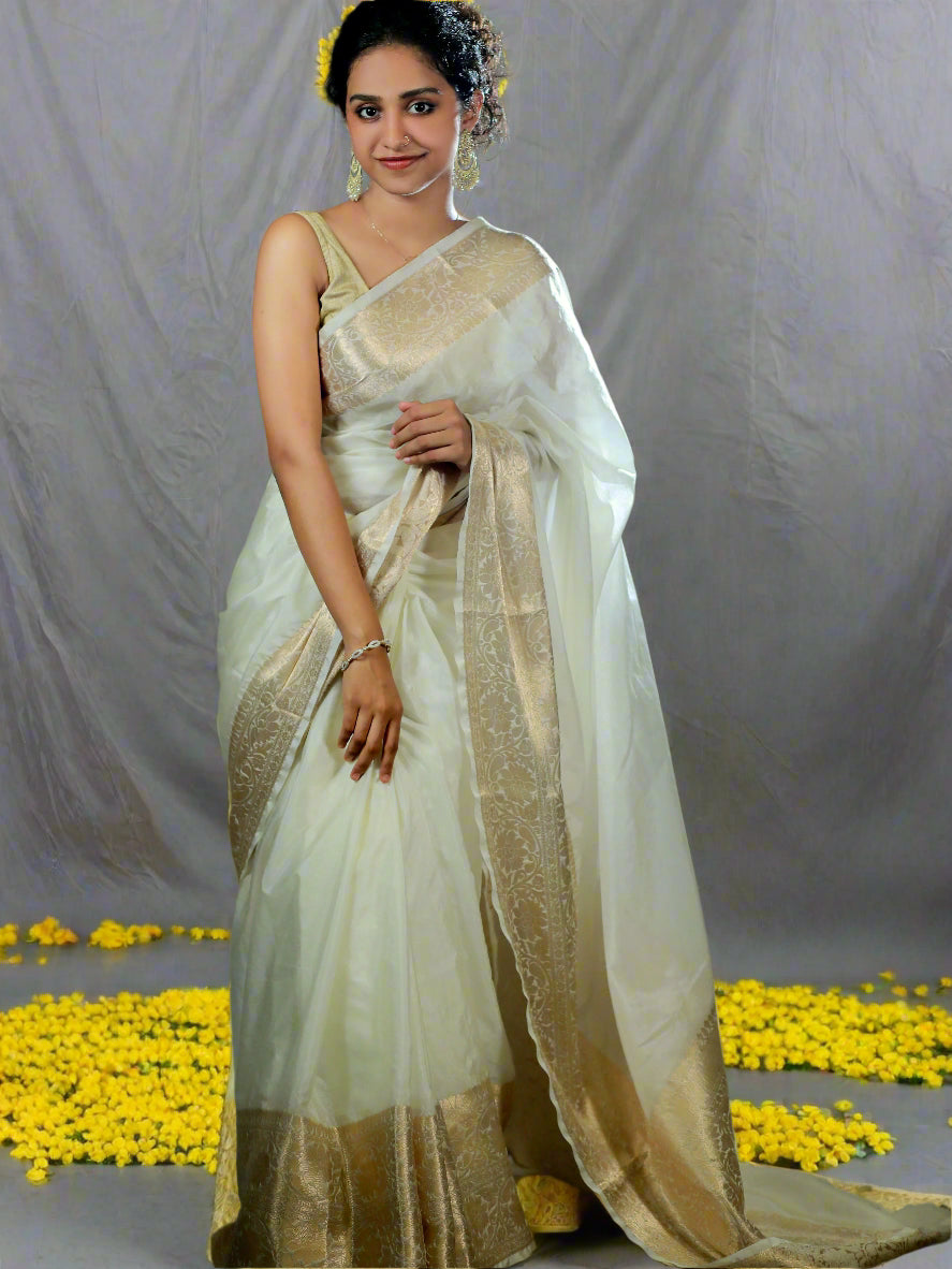Off white golden zari banarasi saree- S124