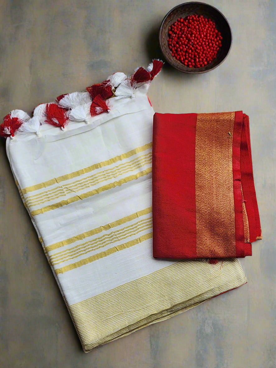 Cotton linen red & white saree-S130