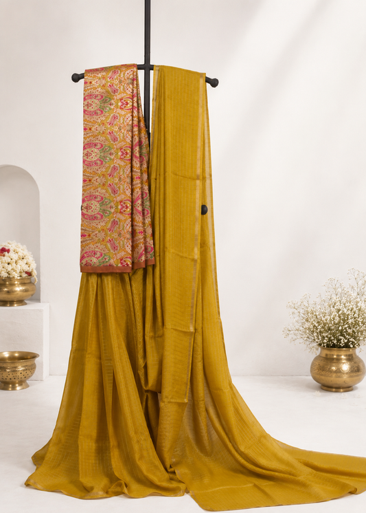 Mustard yellow Organza silk Saree with brocade blouse
