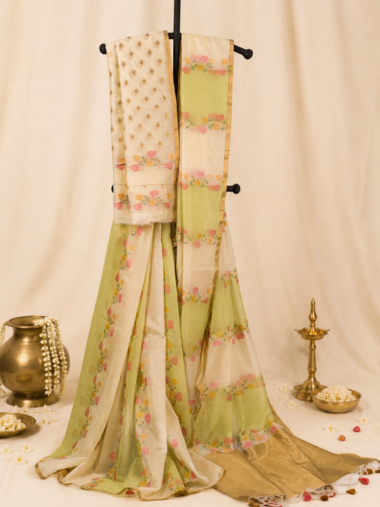 Ivory Gulabi - Jamdhani Cotton Silk Saree