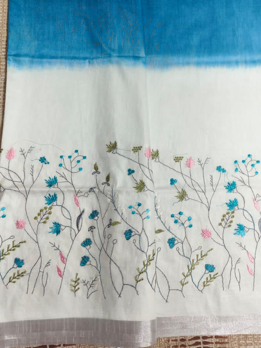 Cotton linen embroidery saree-S134