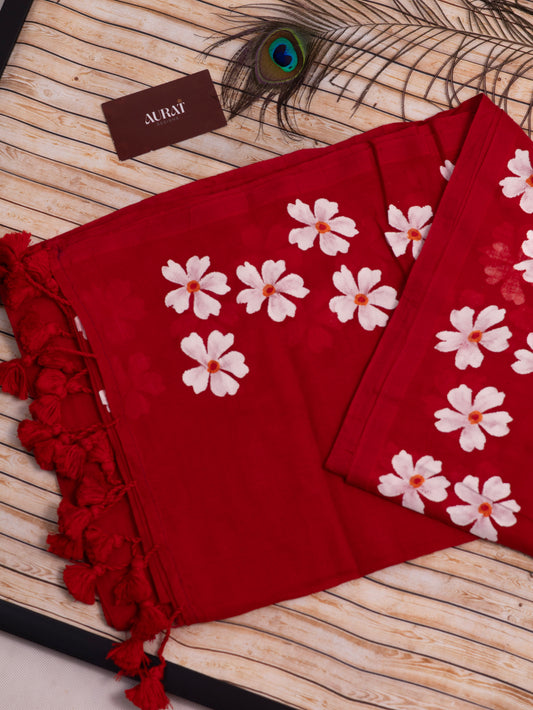 Red color shiuli mul cotton saree-S181