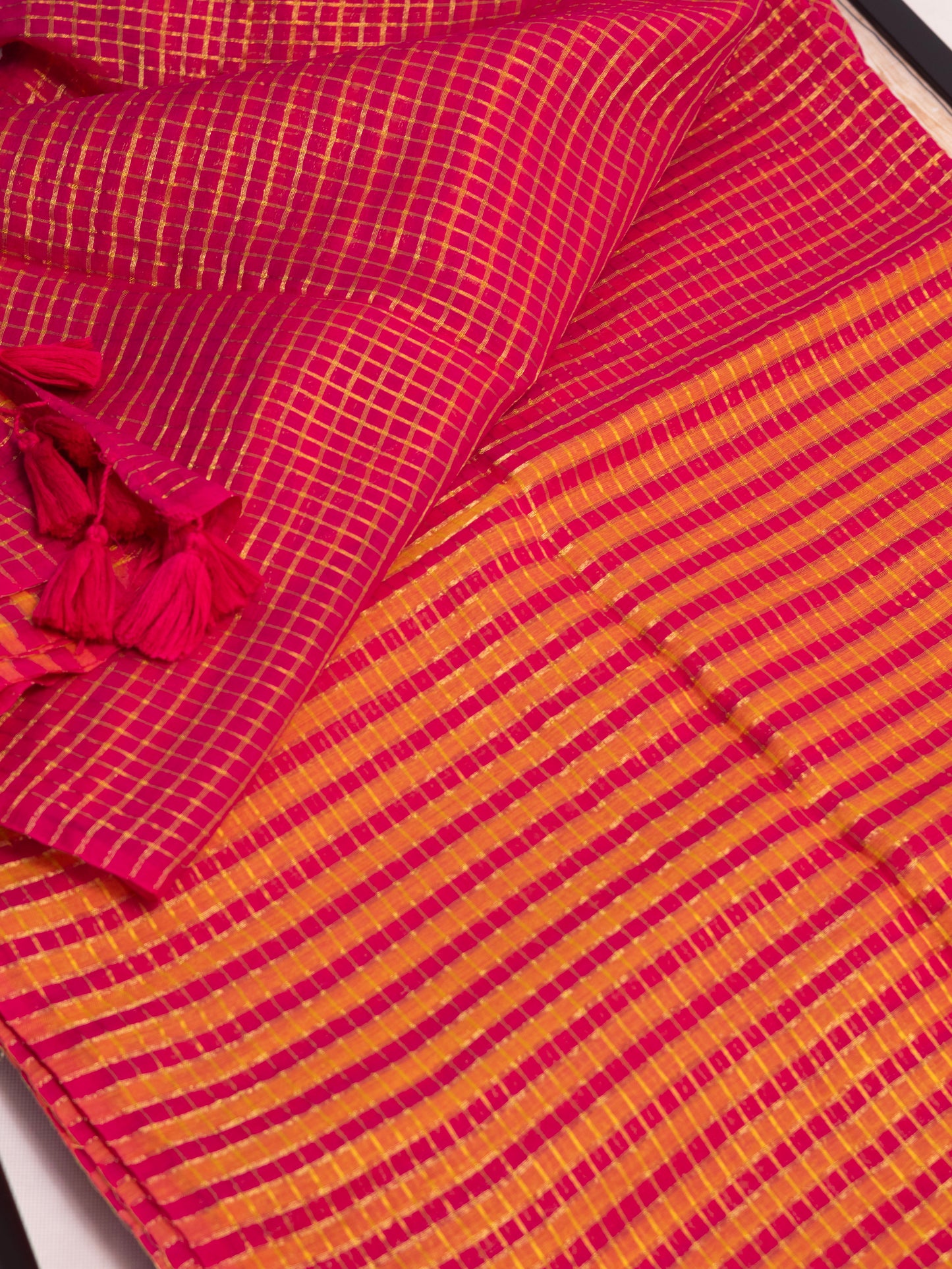 Rani pink-golden zari small box woven mul cotton saree-S201