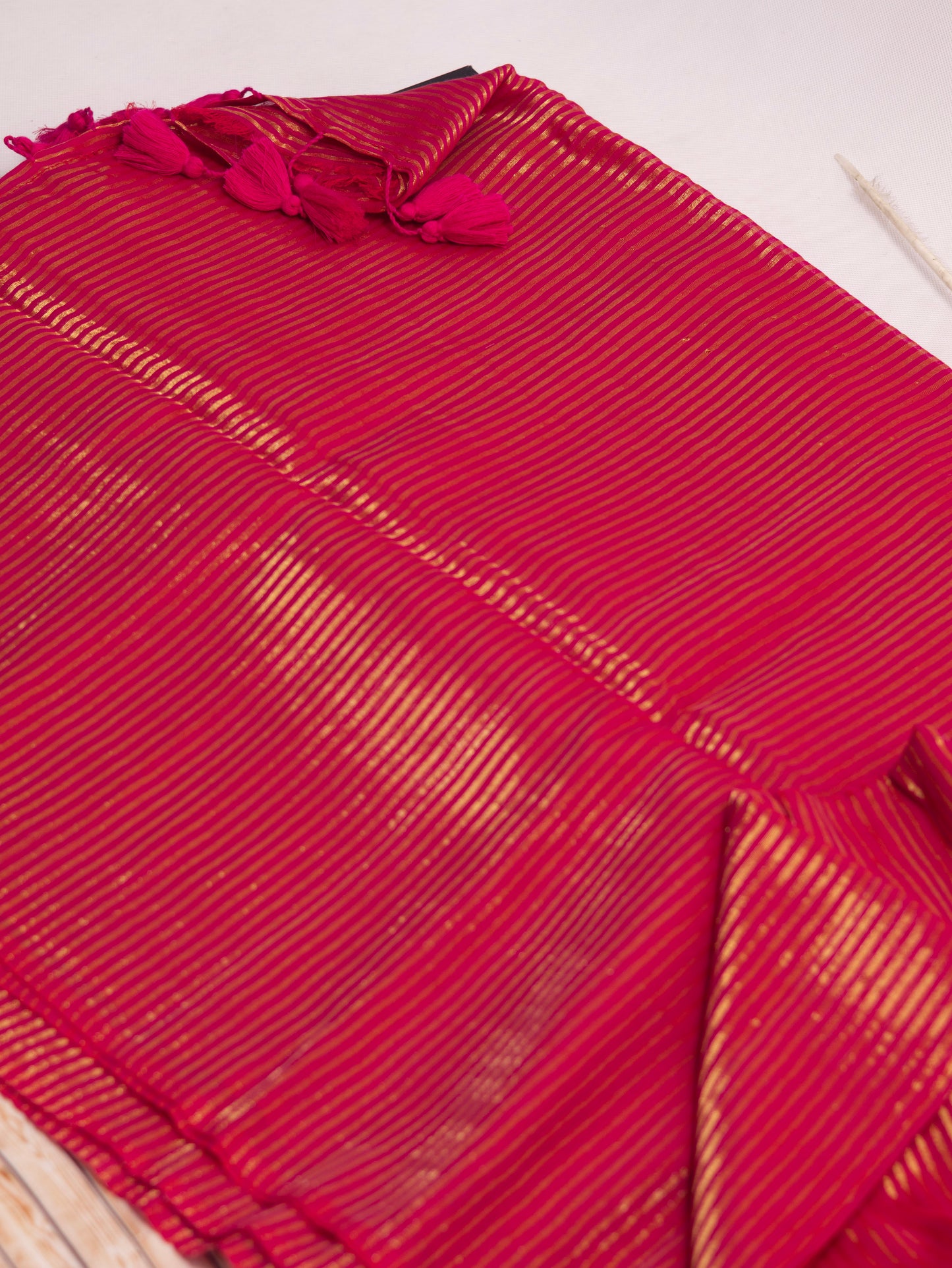 Rani pink color golden stripe mul cotton saree-S214