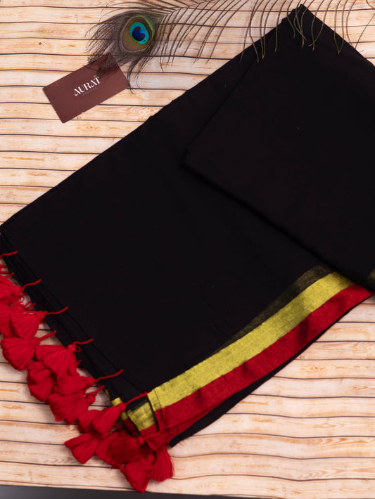 Black color red and golden border mul cotton saree-S197