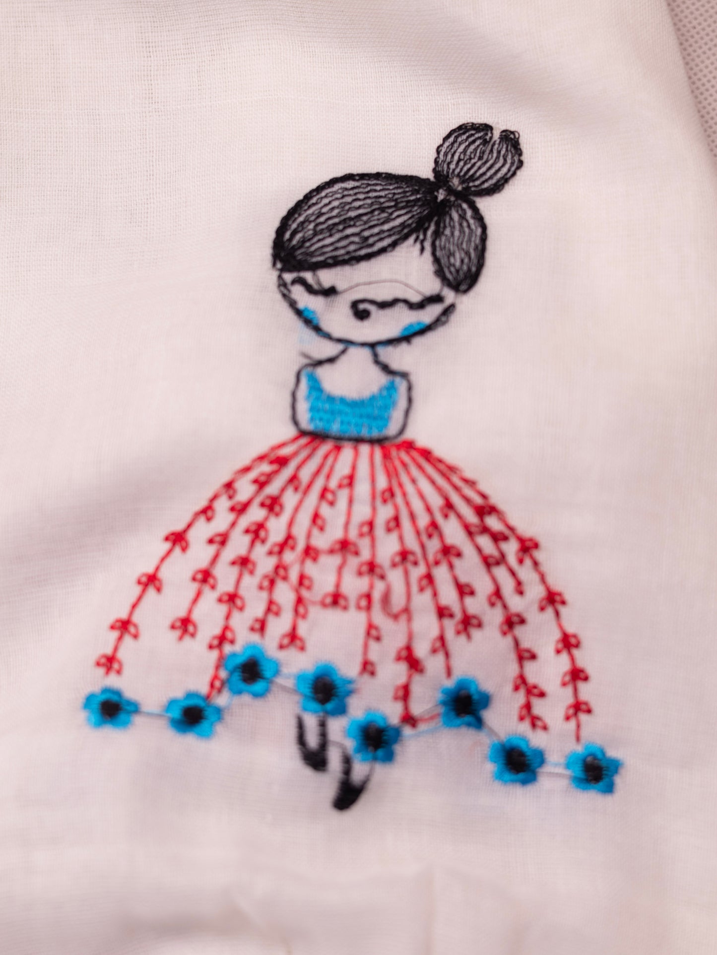 Doll embroidered white mul cotton saree-S175