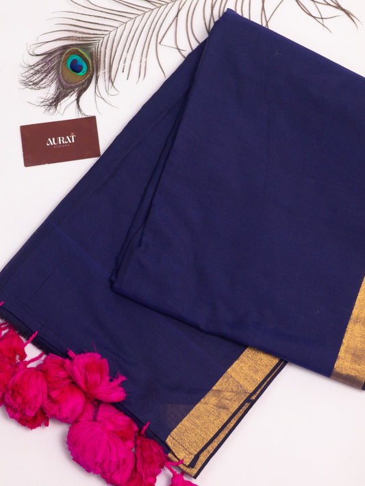 Blue plain cotton saree-S144