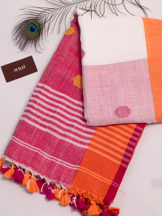 White & pink embroidered khadi cotton saree-S174