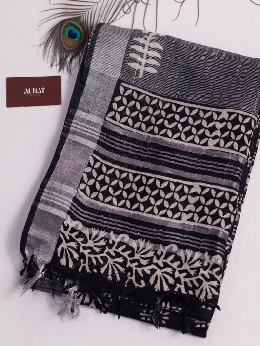 Bagru/dabu printed Linen-cotton saree-S153(B)