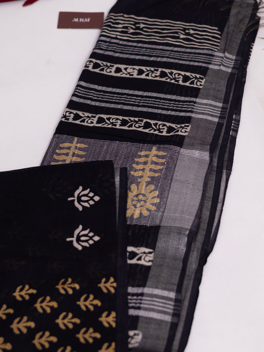 Bagru/dabu printed Linen-cotton saree-S153(E)