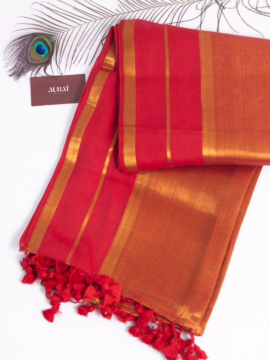 Golden tissue saree with mul cotton border-S187