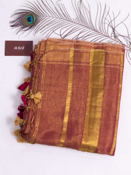 Golden & rani pink combination Linen tissue saree-S224