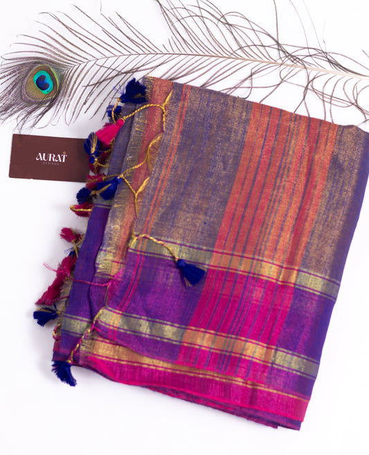 Golden,pink & purple combination Linen tissue saree-S226