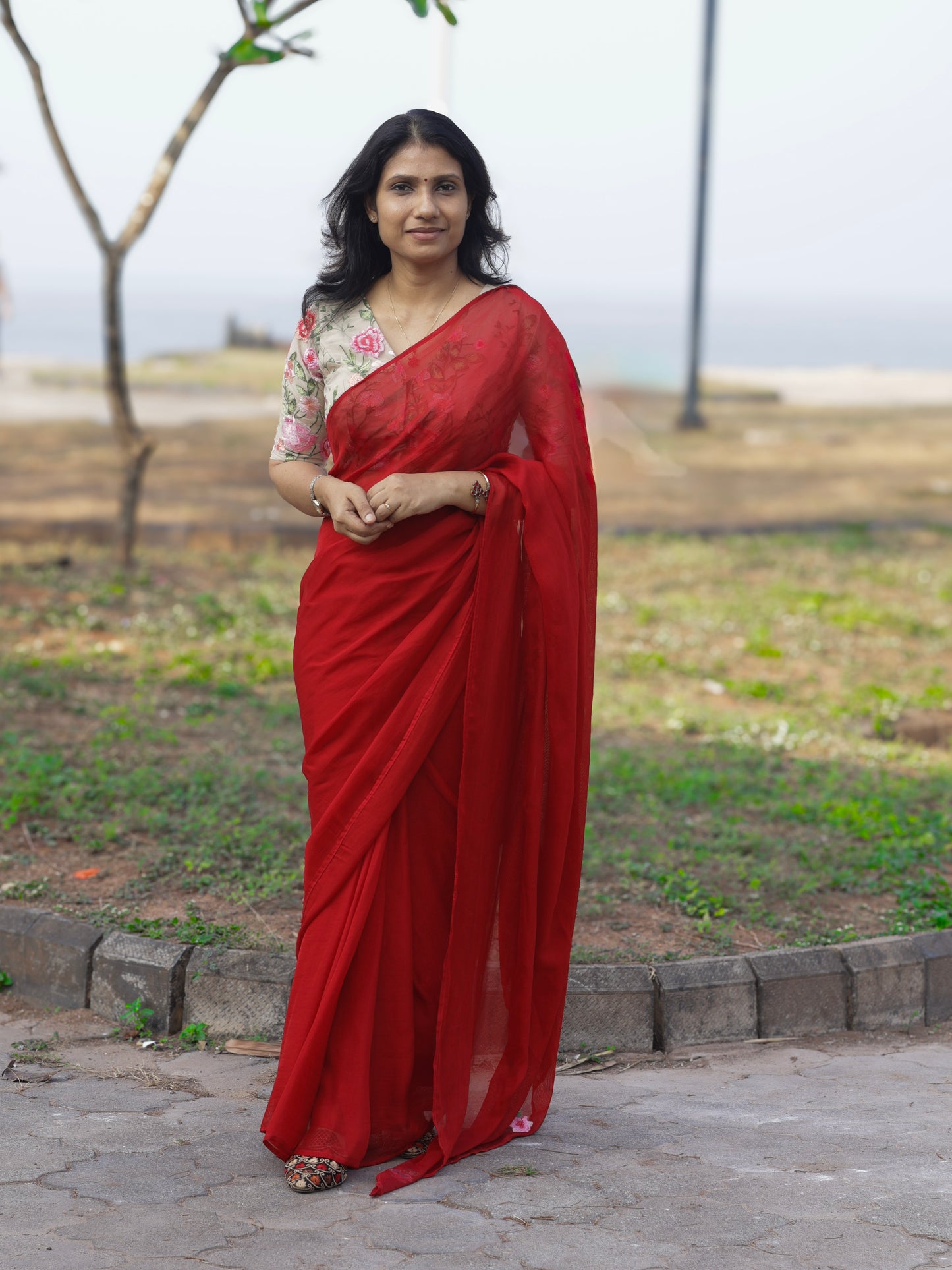Floral Whisper – Red Jute Net Saree with Heavy Floral Embroidered Net Blouse