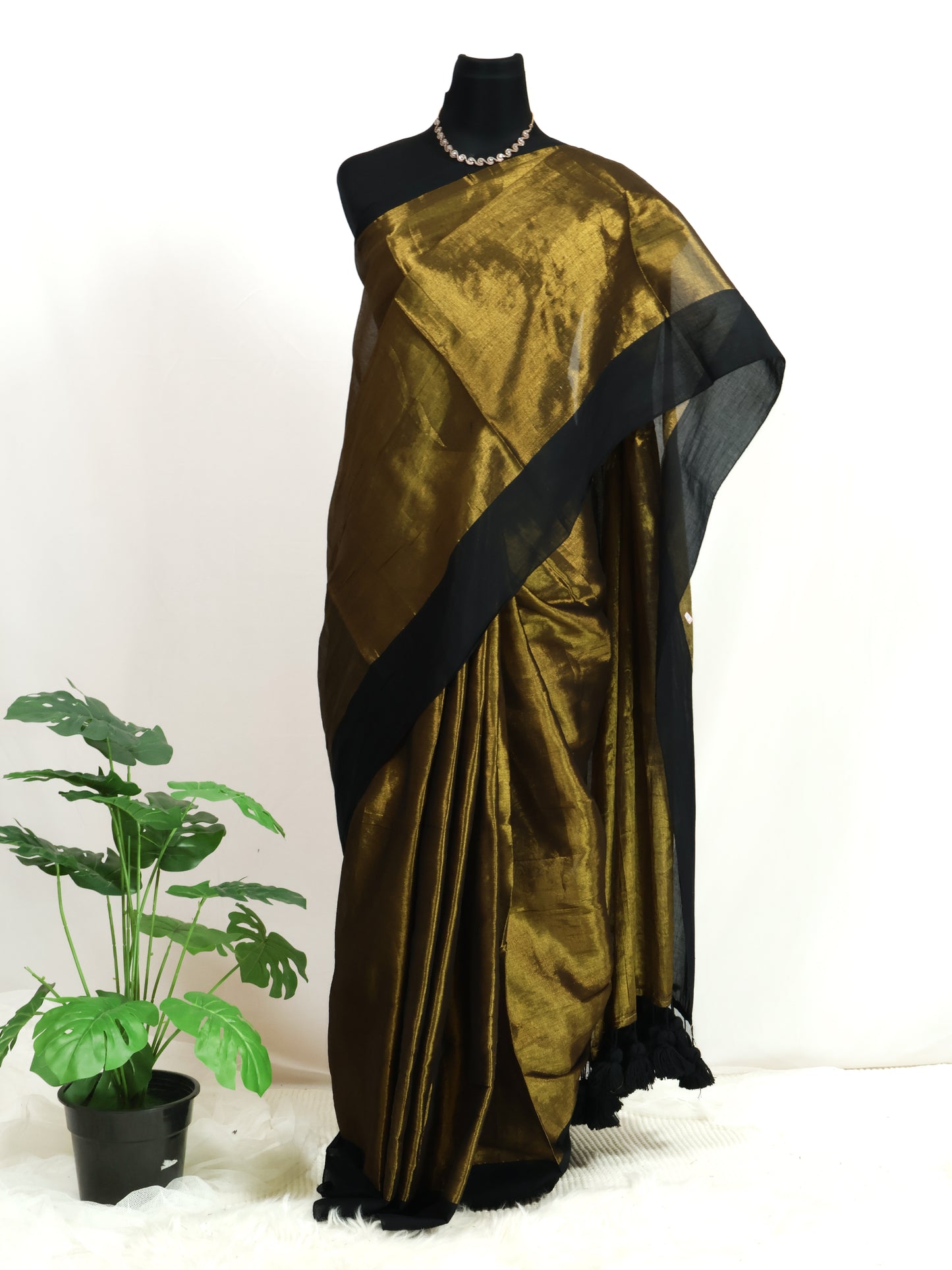 Golden tissue saree with black mul cotton border-S209