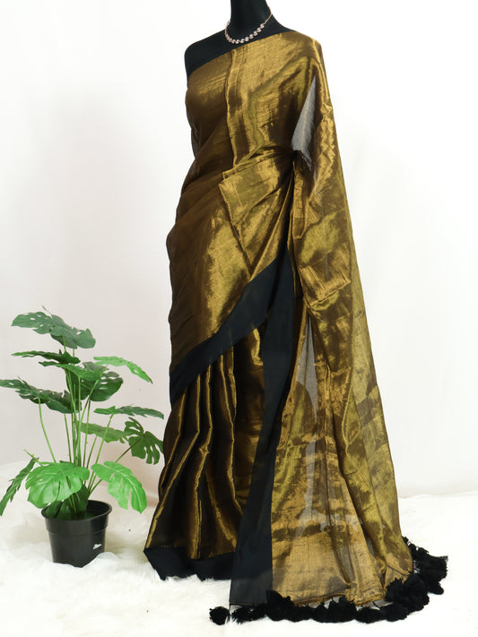 Golden tissue saree with black mul cotton border-S209