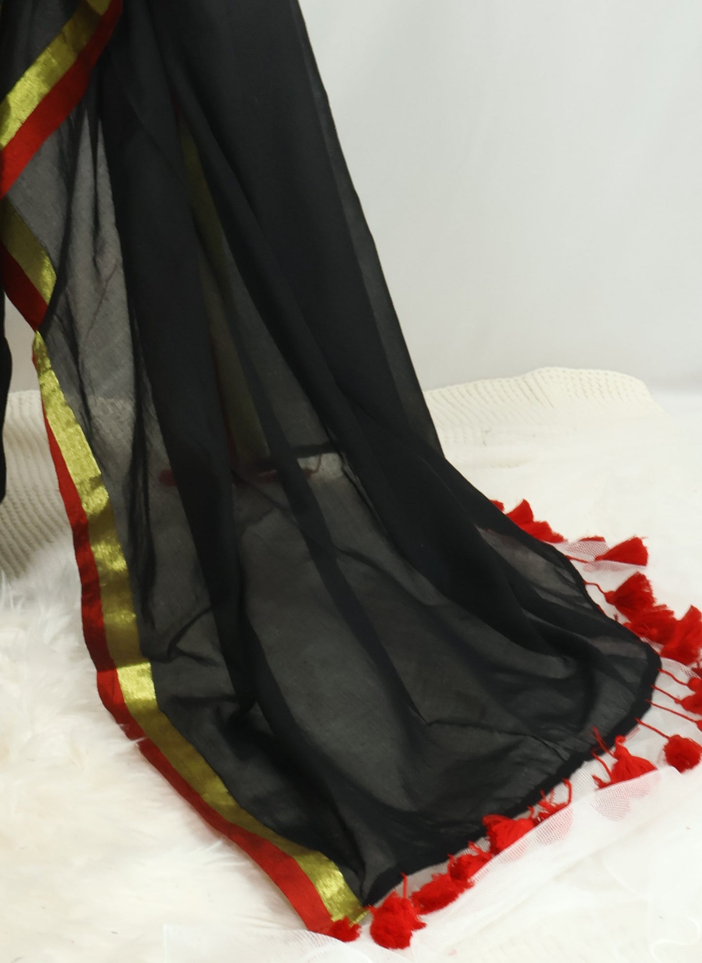 Black color red and golden border mul cotton saree-S197