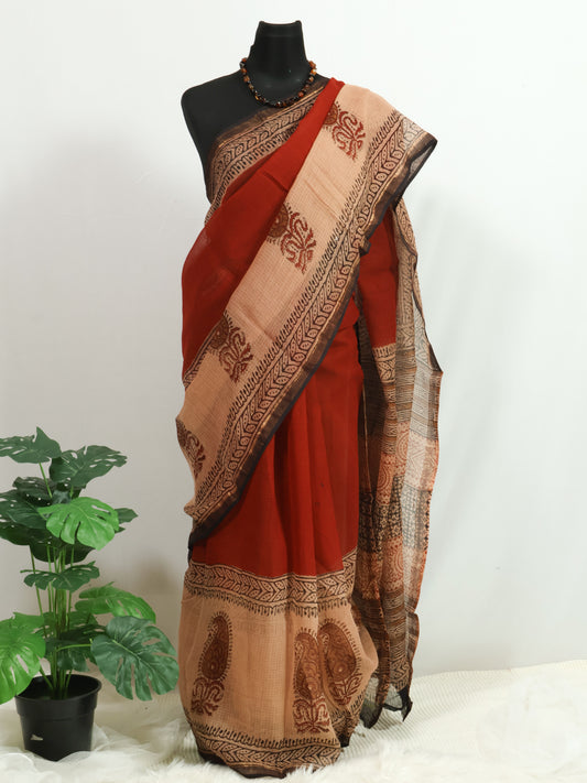 Kota doria bagru print cotton saree-S169(b)
