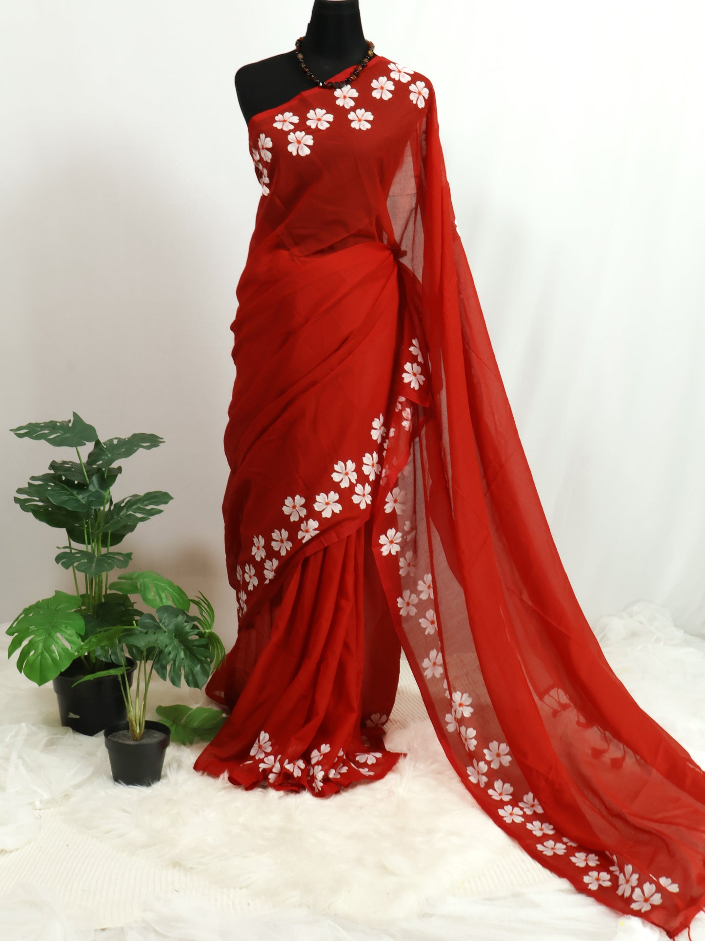 Red color shiuli mul cotton saree-S181