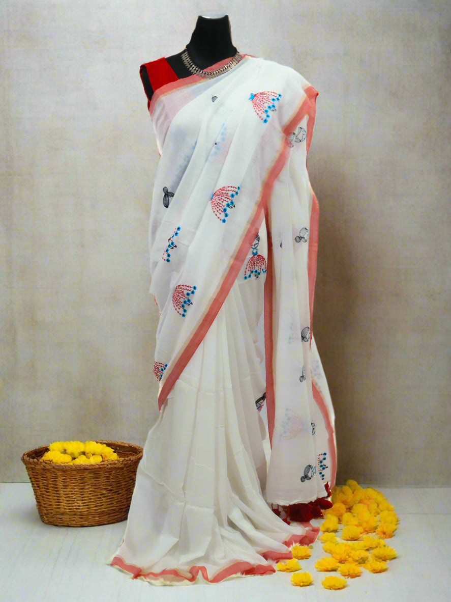 Doll embroidered white mul cotton saree-S175