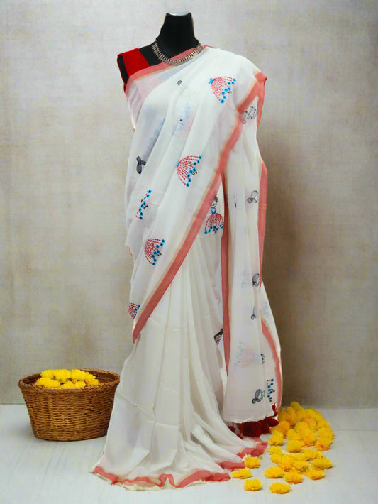 Doll embroidered white mul cotton saree-S175