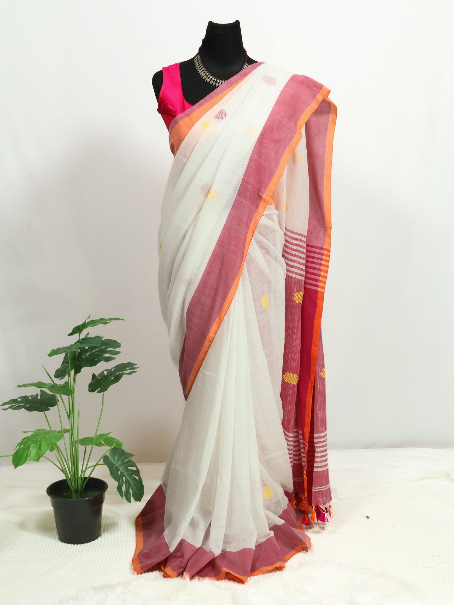 White & pink embroidered khadi cotton saree-S174