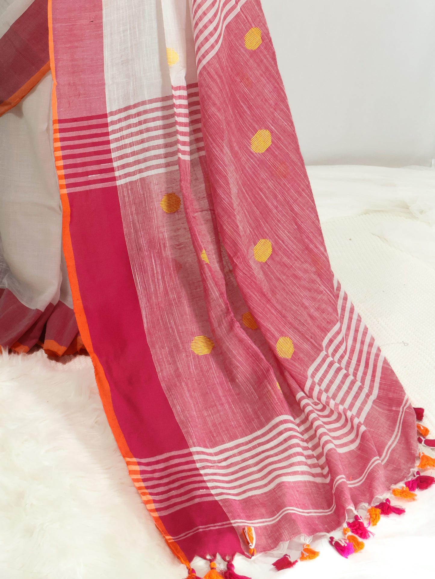 White & pink embroidered khadi cotton saree-S174
