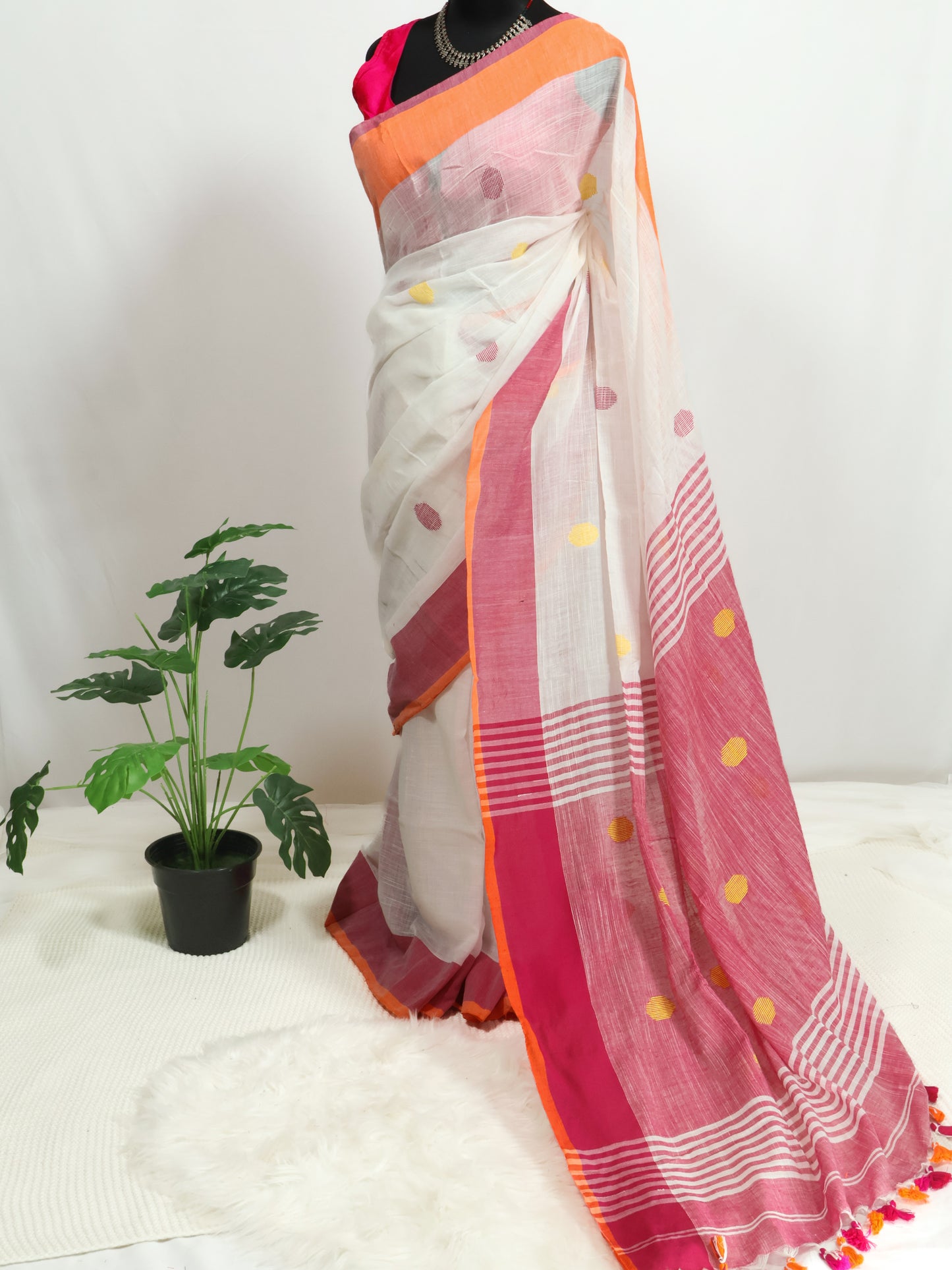 White & pink embroidered khadi cotton saree-S174