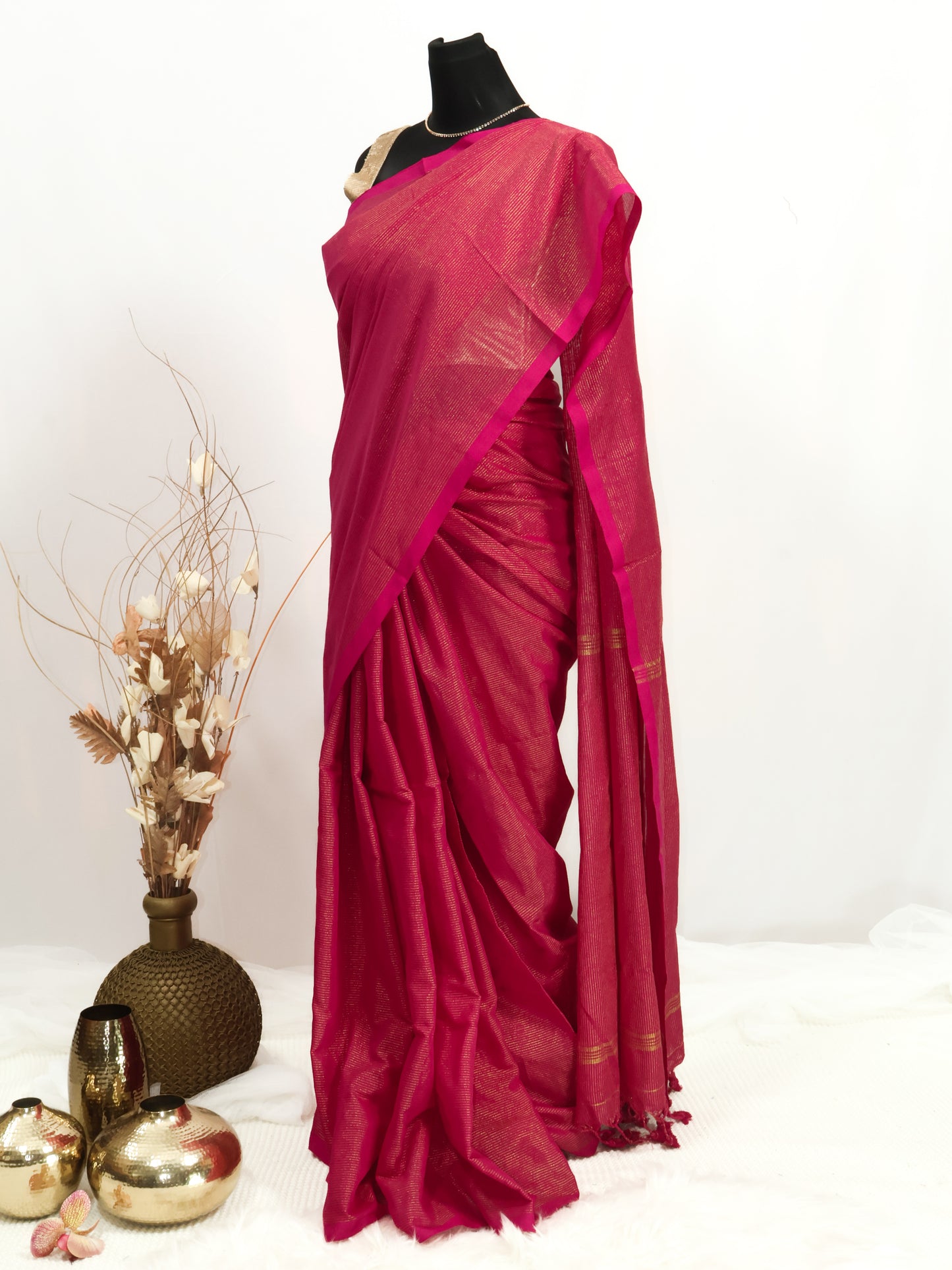Golden zari stripe khadi cotton saree-S170