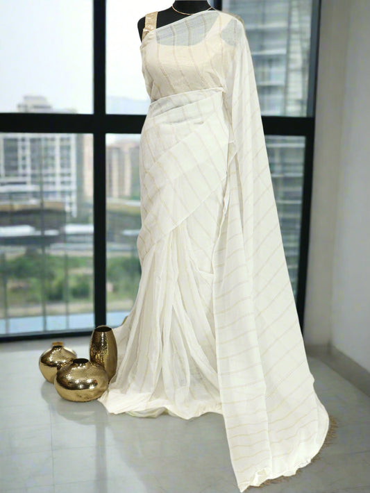 Off white goldenbody stripe mul cotton saree-S203