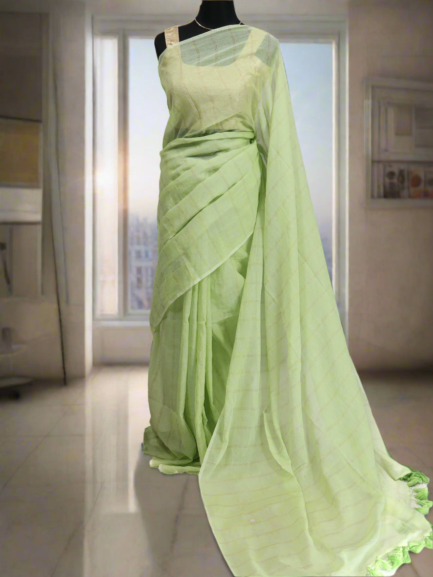 Green goldenbody stripe mul cotton saree-S204