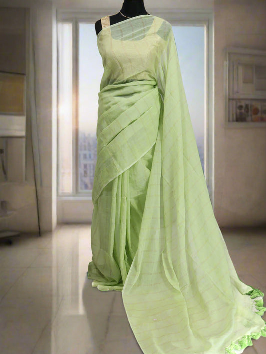 Green goldenbody stripe mul cotton saree-S204