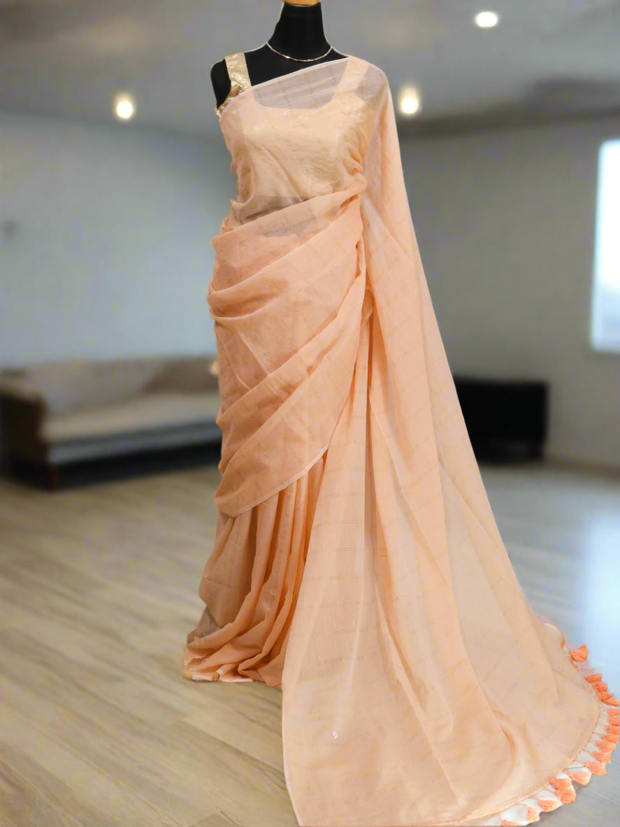 Peach color golden body stripe mul cotton saree-S205