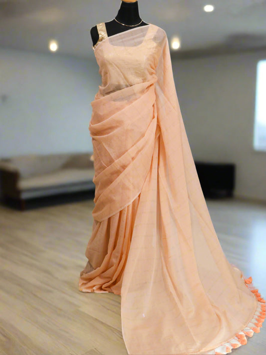 Peach color golden body stripe mul cotton saree-S205