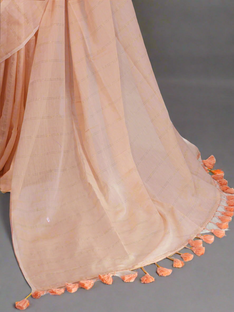 Peach color golden body stripe mul cotton saree-S205