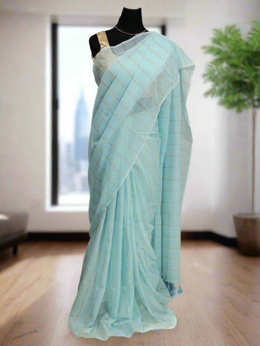 Sky blue color golden body stripe mul cotton saree-S206