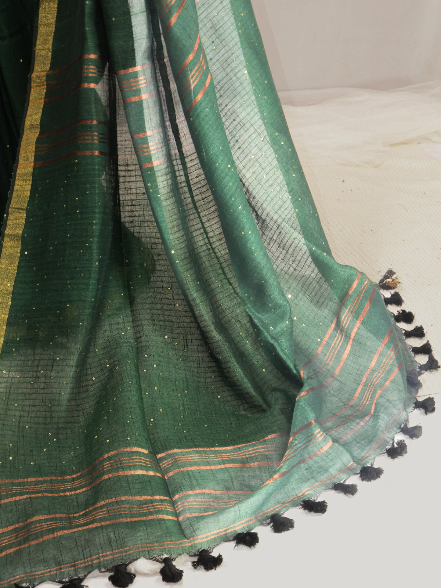 Bottle green sequence pure linen saree-S218
