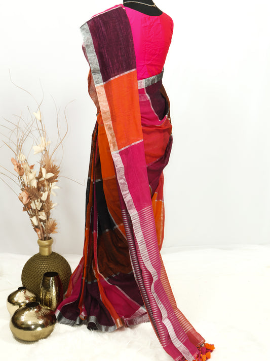 Multi color silver box linen saree-S223