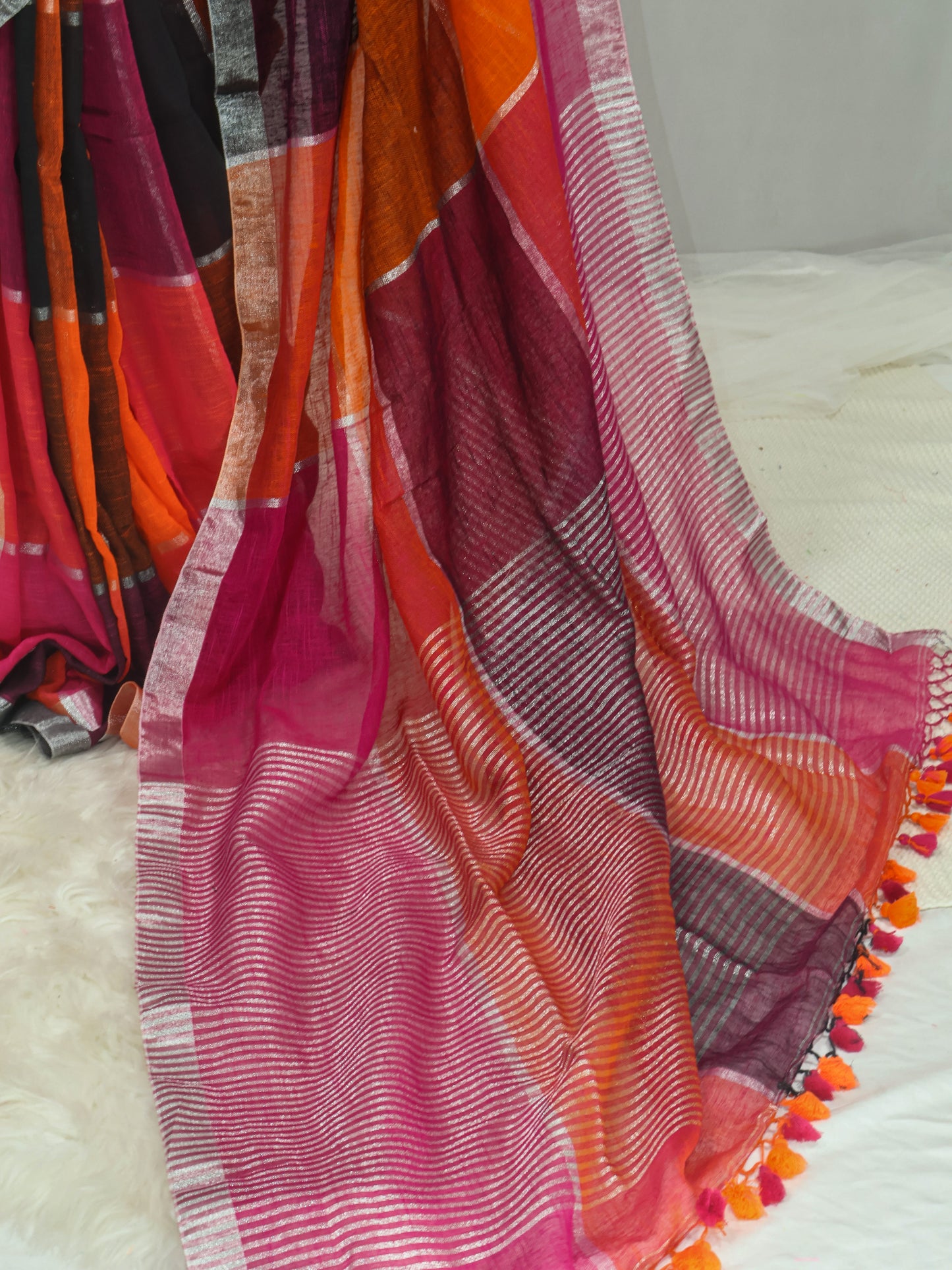 Multi color silver box linen saree-S223