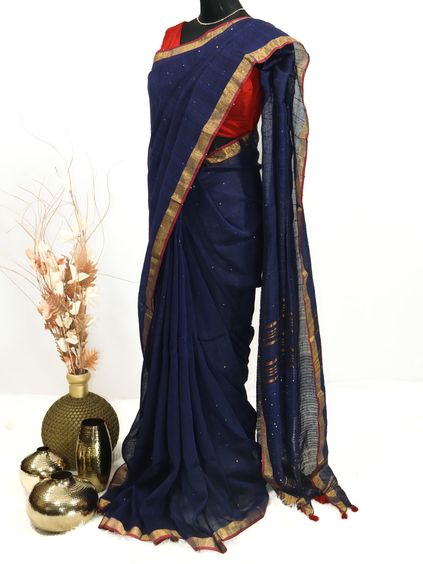 Royal blue sequence pure linen saree-S219