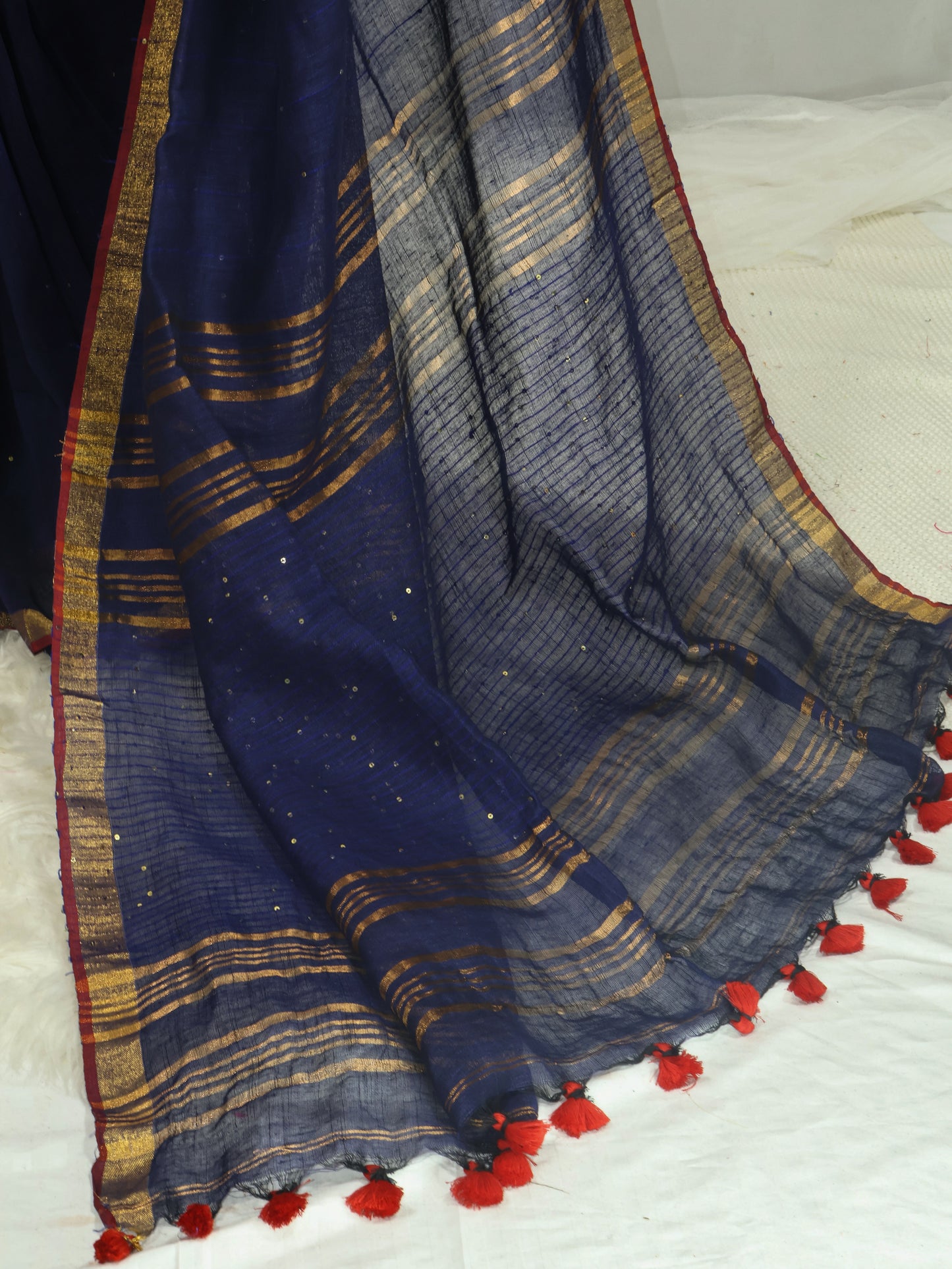 Royal blue sequence pure linen saree-S219