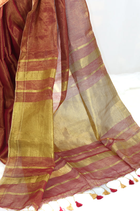 Golden & rani pink combination Linen tissue saree-S224