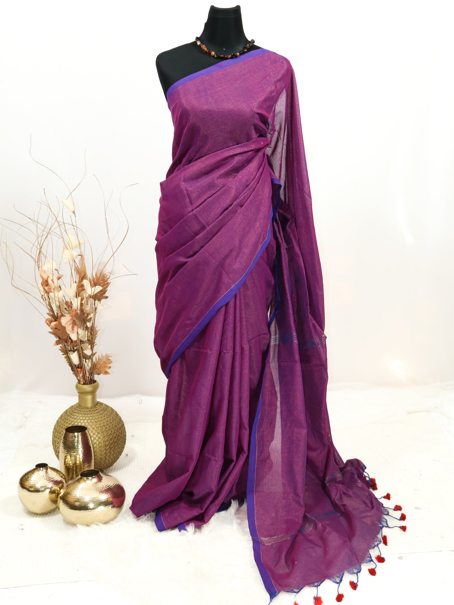Golden zari stripe khadi cotton saree-S172