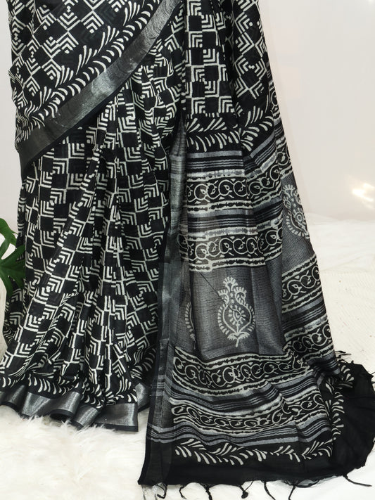 Bagru/dabu printed Linen-cotton saree-S153(A)