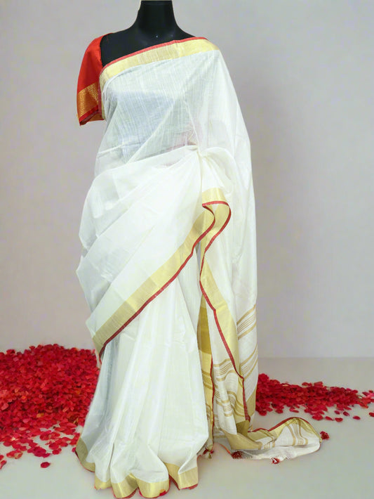 Cotton linen red & white saree-S130