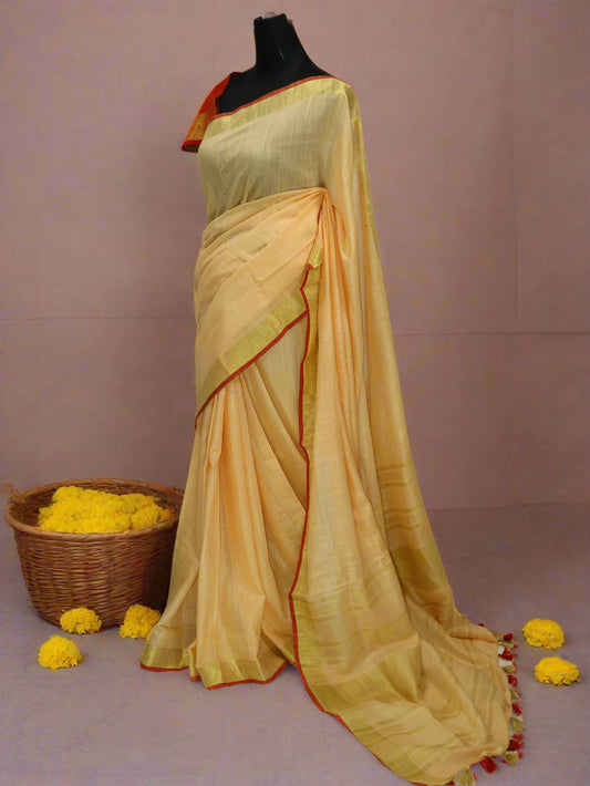 Cotton linen Coral & red saree-S132