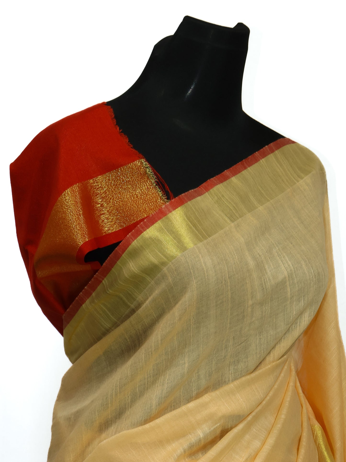 Cotton linen Coral & red saree-S132