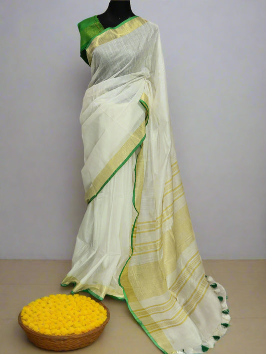 Cotton linen green & white saree-S131
