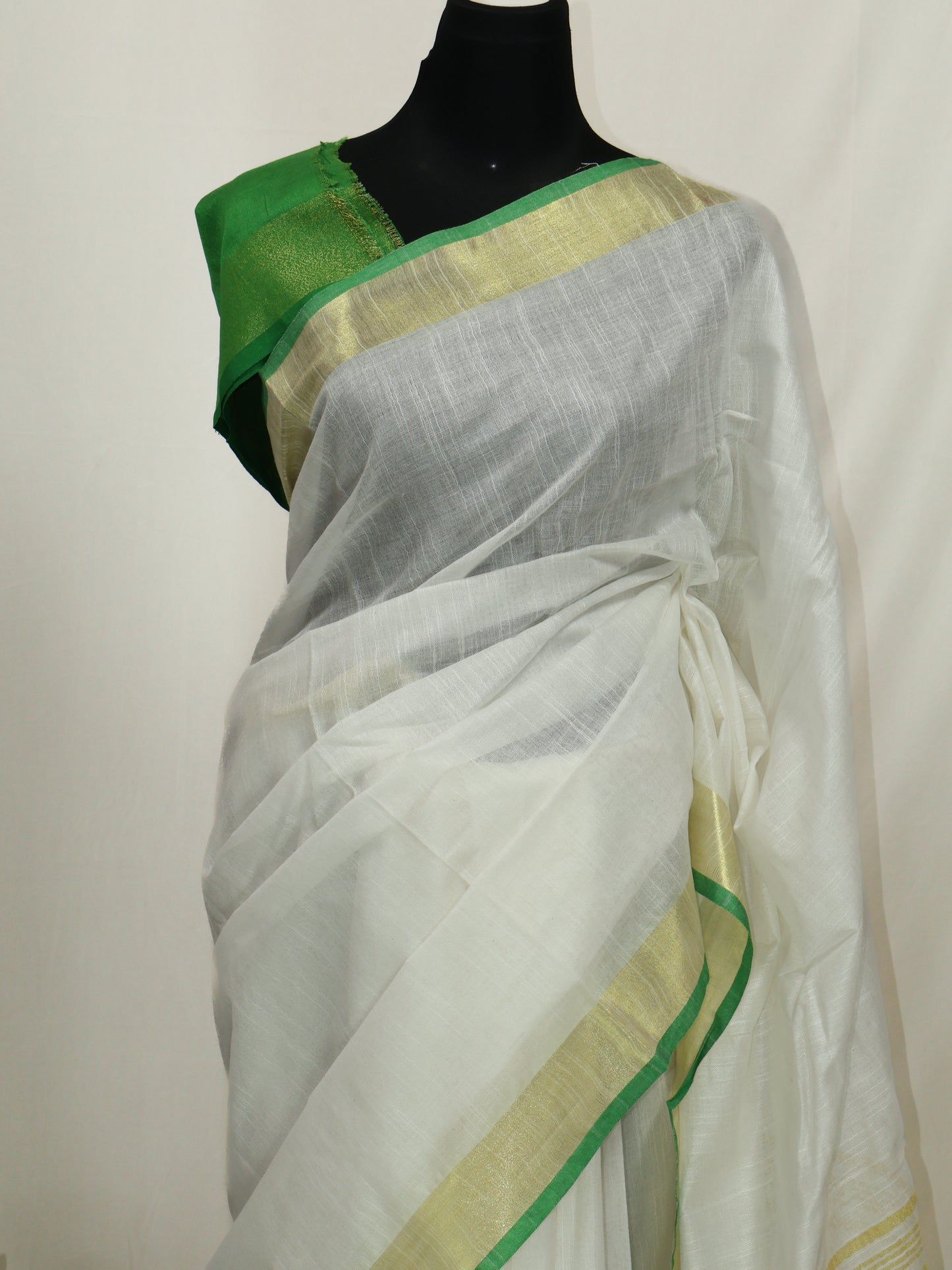 Cotton linen green & white saree-S131